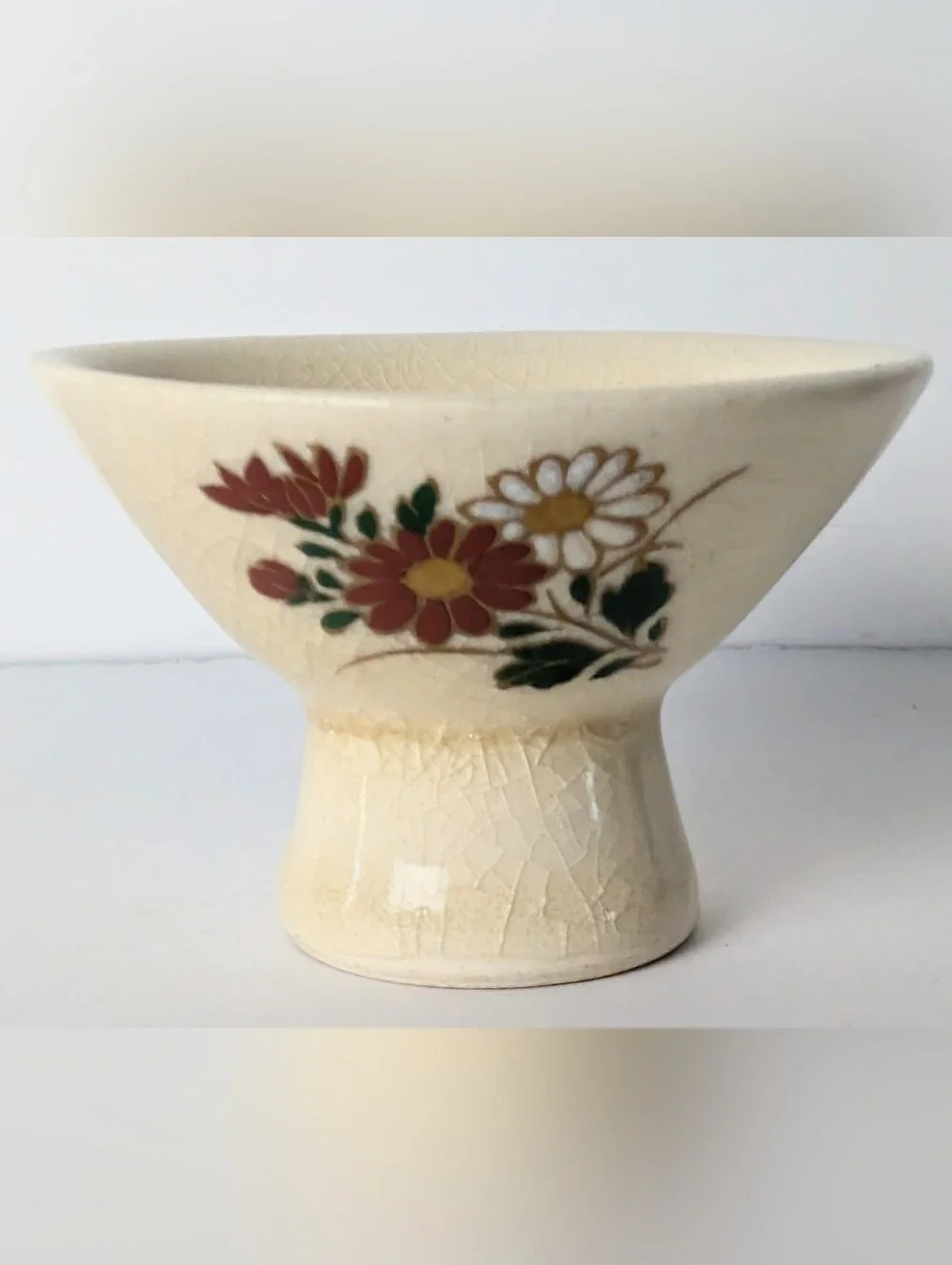 Cream‎ Floral Pedestal Sake Cups Japan Bowls - Set of 2 Tea Mid-century Rare